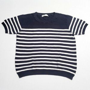 Amour Vert Size Large Short Sleeve Knit Sweater Blouse Navy Blue White Stripes